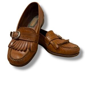 Vintage Cole Haan Country Tab Brown Leather Loafers with Fringe & Buckle